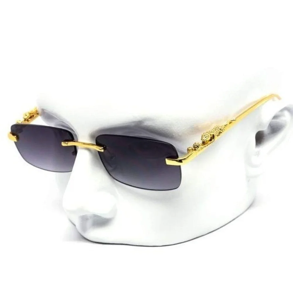 Men Sunglasses Gold Accents Rectangle Frameless Hip Hop Street Trendy Wear Gafas